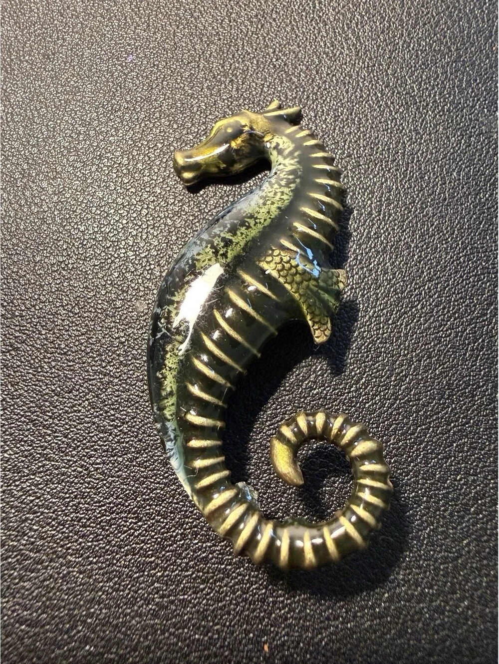 Vintage 1970s Seahorse Brooch Pin Gold Tone Verdigris Finish, 1x2.5”